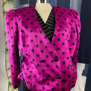 Vintage Polka Dot Pleated Shoulders Double Breasted Blazer